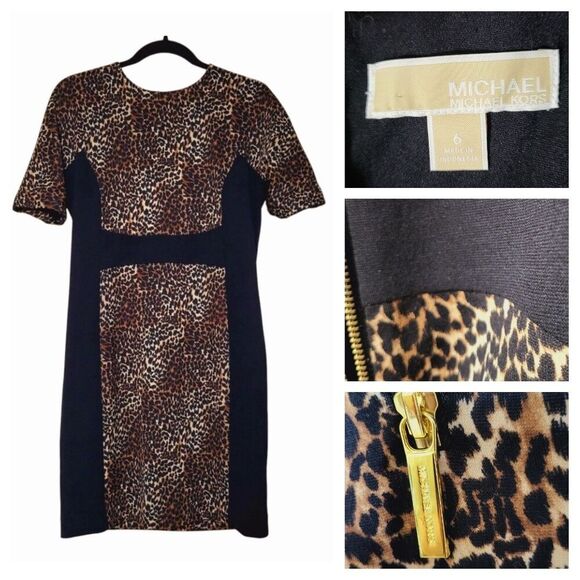Michael Kors Cheetah Print Panel Dress Sz 6 S- Ponte Knit- Leopard - Black Brown - Picture 1 of 14